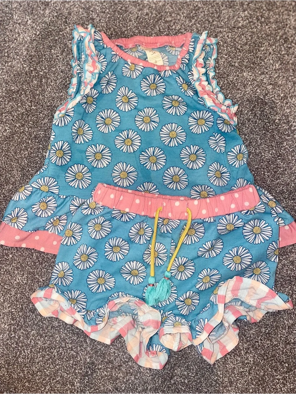 Matilda Jane size 4 Girls' Blue Daisy Print Ruffled Romper with Pink Trim